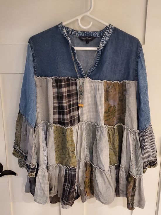 Young Threads Tops - Patchwork Denim Tunic Top Blue Olive Ruffle Western Country Cottagecore Rodeo